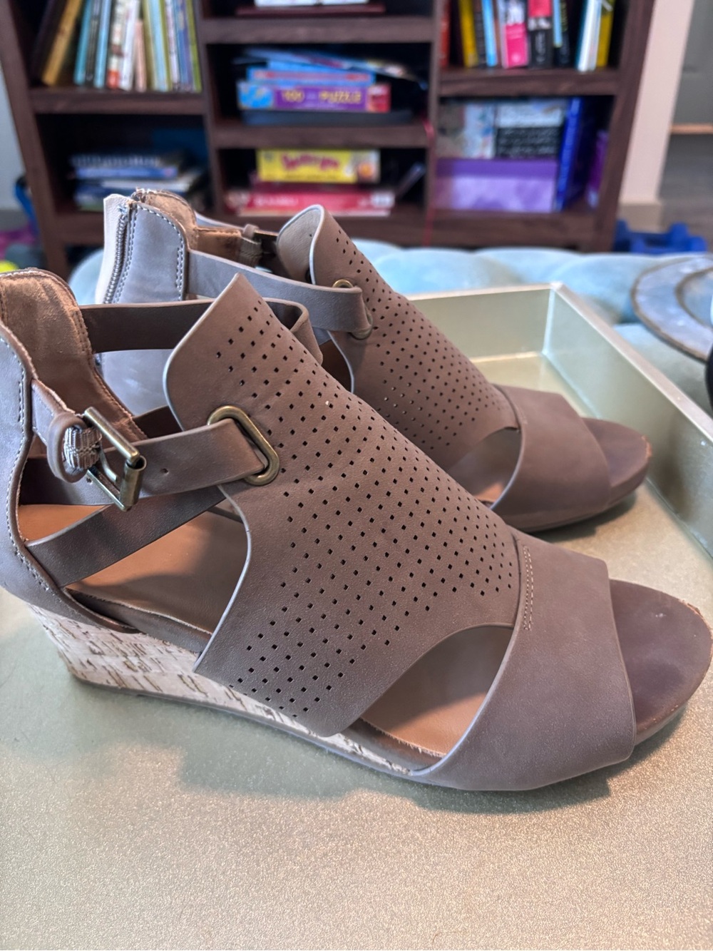 Target Taupe Perforated Wedge Sandals with Buckle Detail